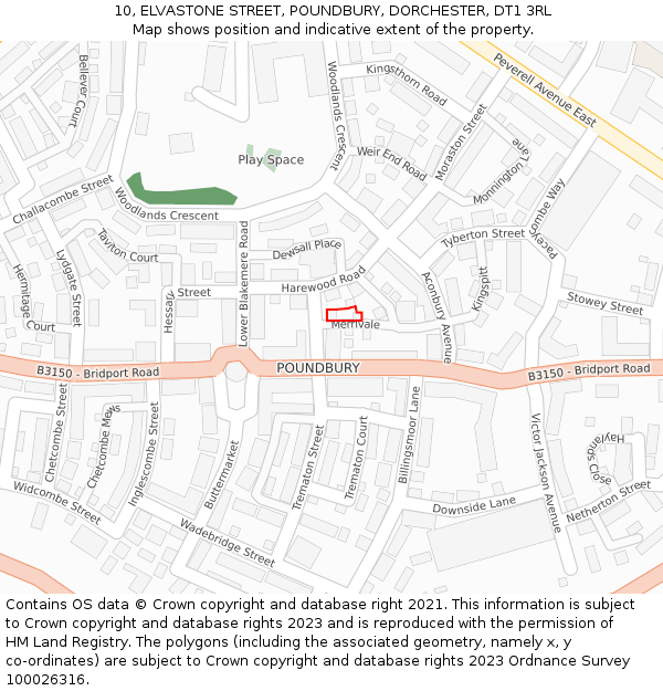 10, ELVASTONE STREET, POUNDBURY, DORCHESTER, DT1 3RL: Location map and indicative extent of plot