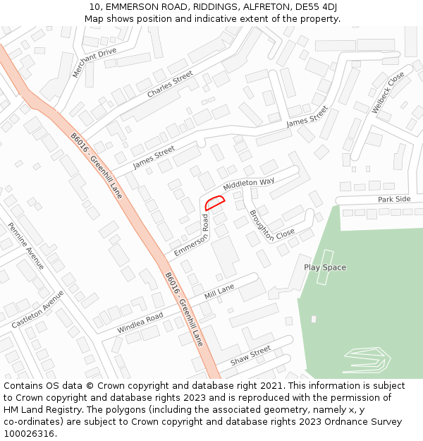 10, EMMERSON ROAD, RIDDINGS, ALFRETON, DE55 4DJ: Location map and indicative extent of plot