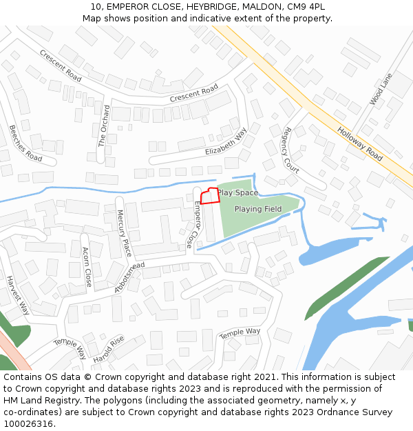 10, EMPEROR CLOSE, HEYBRIDGE, MALDON, CM9 4PL: Location map and indicative extent of plot