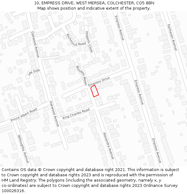 10, EMPRESS DRIVE, WEST MERSEA, COLCHESTER, CO5 8BN: Location map and indicative extent of plot