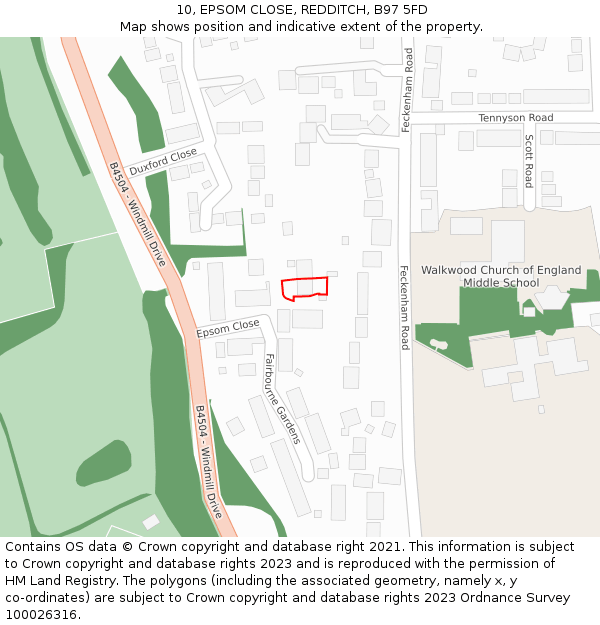 10, EPSOM CLOSE, REDDITCH, B97 5FD: Location map and indicative extent of plot