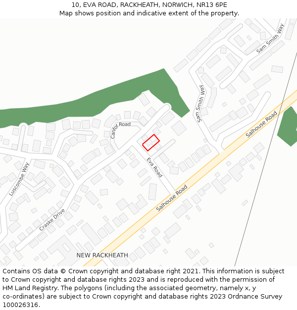 10, EVA ROAD, RACKHEATH, NORWICH, NR13 6PE: Location map and indicative extent of plot