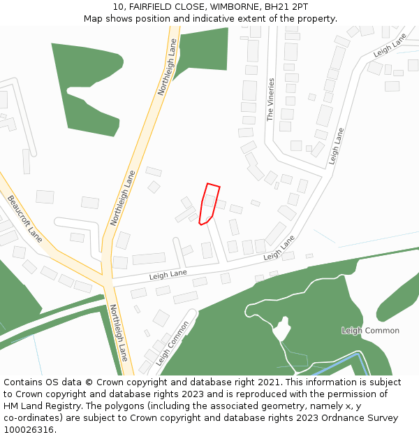 10, FAIRFIELD CLOSE, WIMBORNE, BH21 2PT: Location map and indicative extent of plot