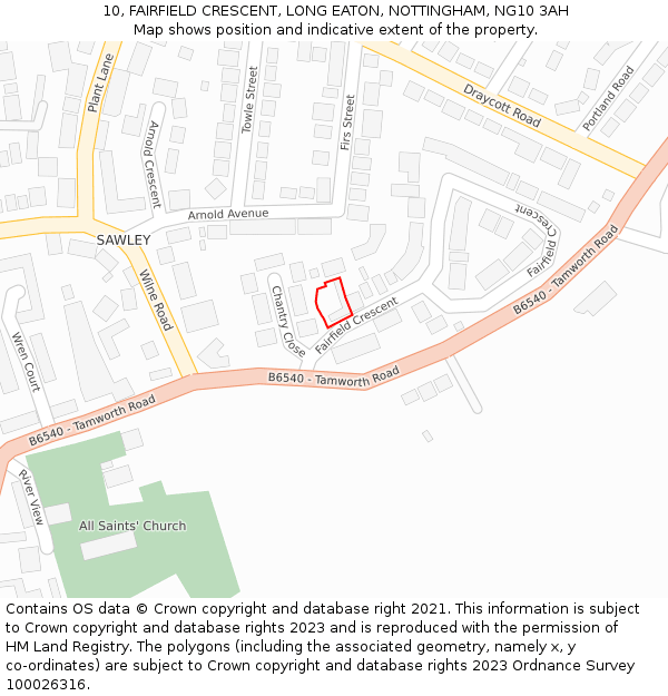 10, FAIRFIELD CRESCENT, LONG EATON, NOTTINGHAM, NG10 3AH: Location map and indicative extent of plot