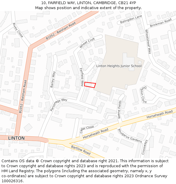 10, FAIRFIELD WAY, LINTON, CAMBRIDGE, CB21 4YP: Location map and indicative extent of plot