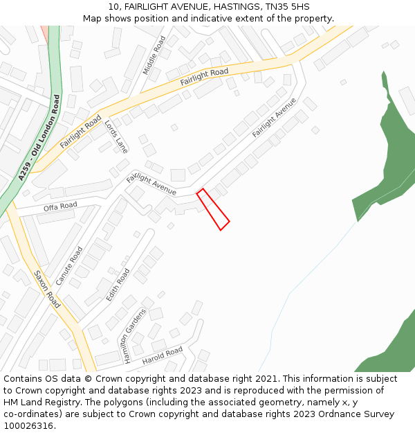 10, FAIRLIGHT AVENUE, HASTINGS, TN35 5HS: Location map and indicative extent of plot