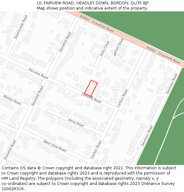 10, FAIRVIEW ROAD, HEADLEY DOWN, BORDON, GU35 8JP: Location map and indicative extent of plot