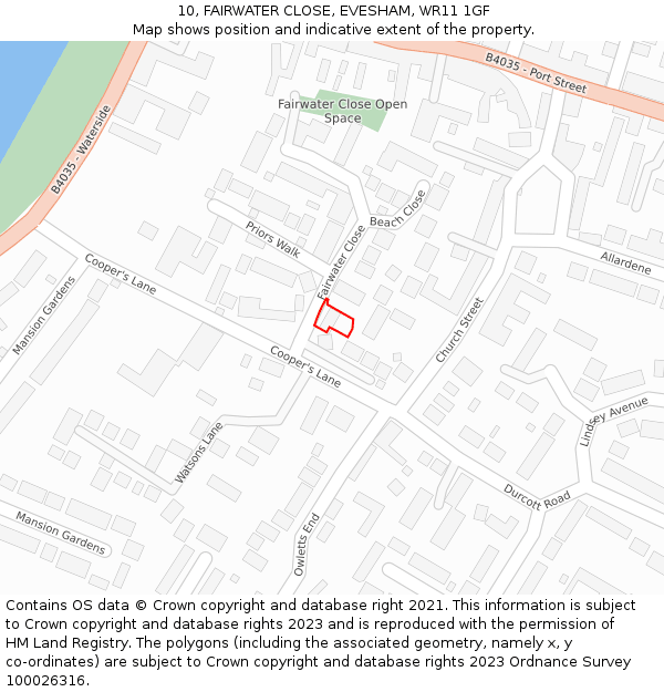 10, FAIRWATER CLOSE, EVESHAM, WR11 1GF: Location map and indicative extent of plot