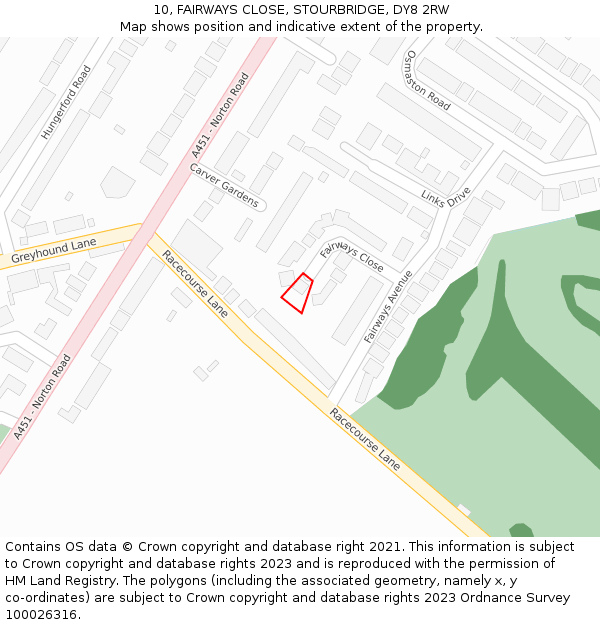 10, FAIRWAYS CLOSE, STOURBRIDGE, DY8 2RW: Location map and indicative extent of plot