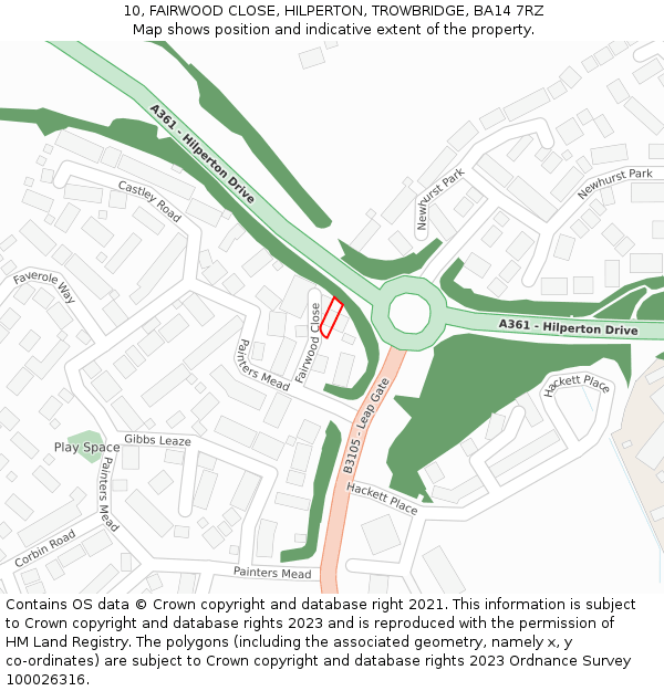 10, FAIRWOOD CLOSE, HILPERTON, TROWBRIDGE, BA14 7RZ: Location map and indicative extent of plot