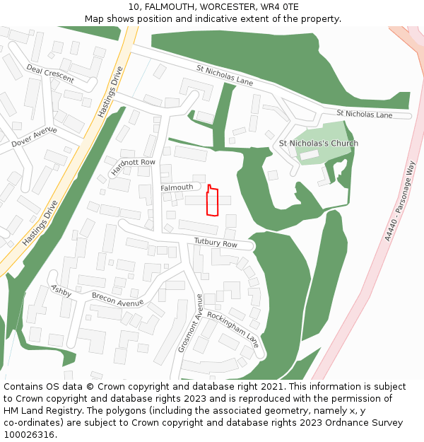 10, FALMOUTH, WORCESTER, WR4 0TE: Location map and indicative extent of plot