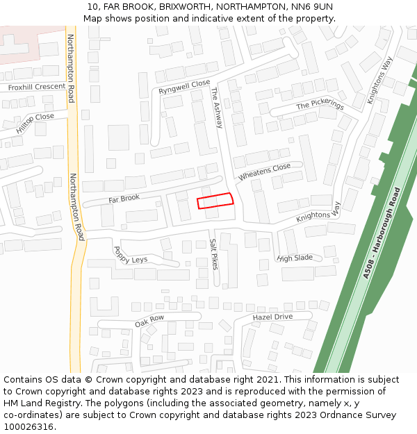 10, FAR BROOK, BRIXWORTH, NORTHAMPTON, NN6 9UN: Location map and indicative extent of plot