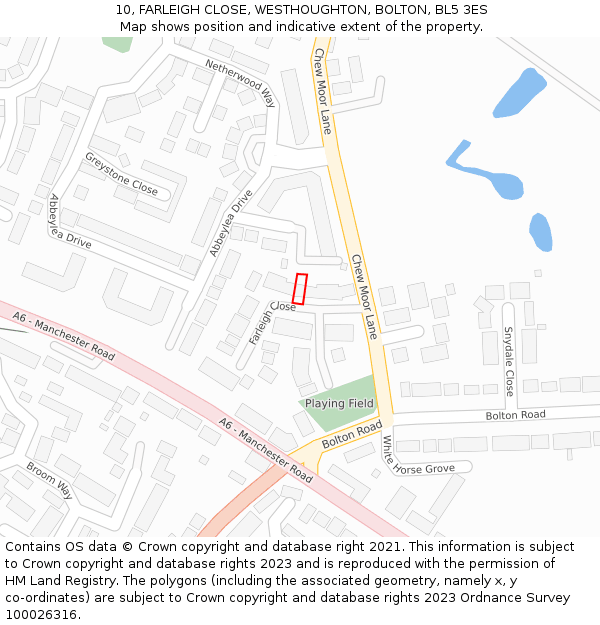 10, FARLEIGH CLOSE, WESTHOUGHTON, BOLTON, BL5 3ES: Location map and indicative extent of plot