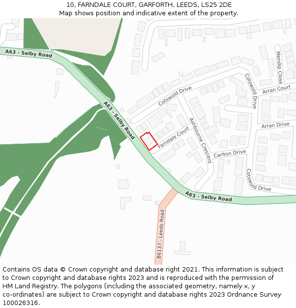 10, FARNDALE COURT, GARFORTH, LEEDS, LS25 2DE: Location map and indicative extent of plot