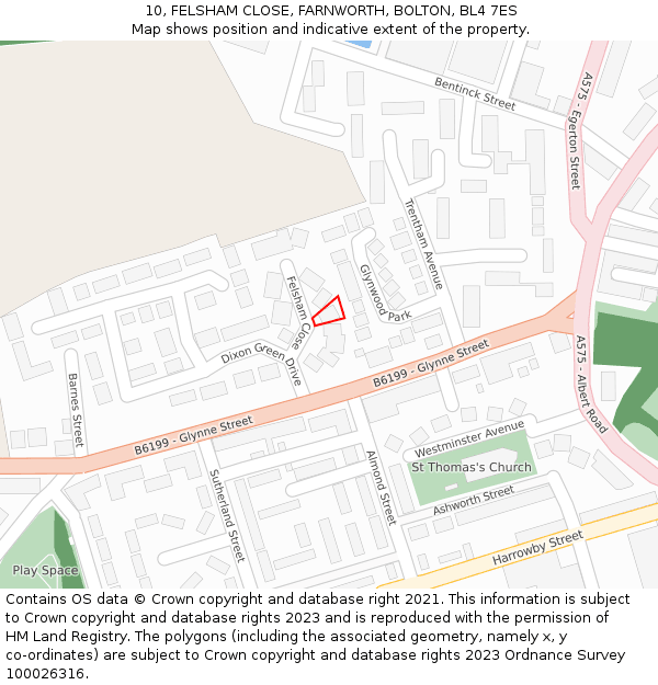 10, FELSHAM CLOSE, FARNWORTH, BOLTON, BL4 7ES: Location map and indicative extent of plot