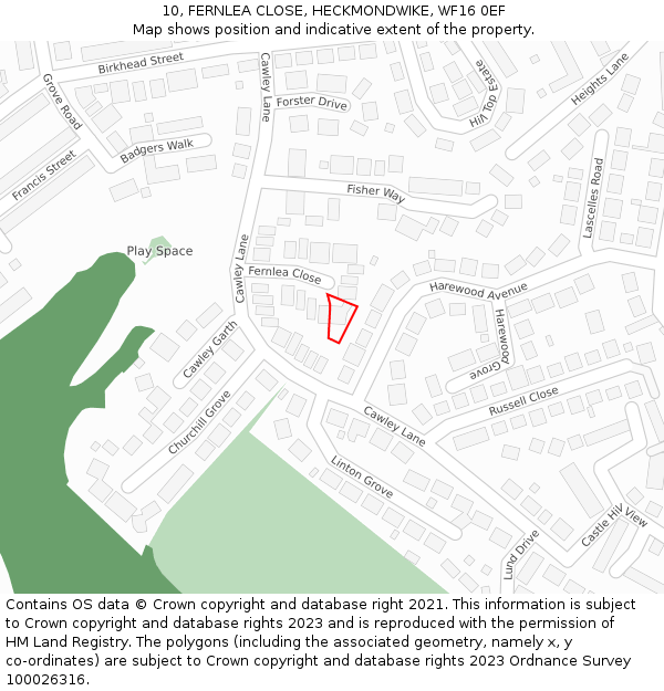 10, FERNLEA CLOSE, HECKMONDWIKE, WF16 0EF: Location map and indicative extent of plot