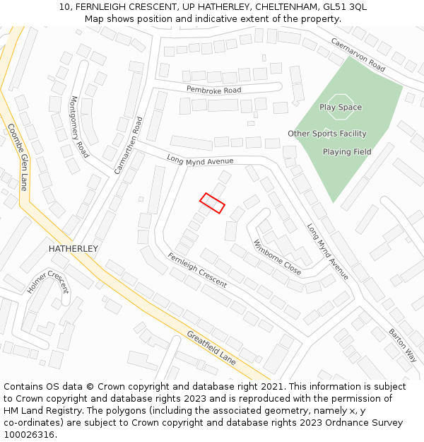 10, FERNLEIGH CRESCENT, UP HATHERLEY, CHELTENHAM, GL51 3QL: Location map and indicative extent of plot