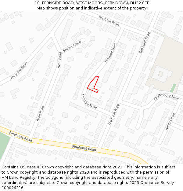 10, FERNSIDE ROAD, WEST MOORS, FERNDOWN, BH22 0EE: Location map and indicative extent of plot