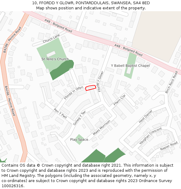 10, FFORDD Y GLOWR, PONTARDDULAIS, SWANSEA, SA4 8ED: Location map and indicative extent of plot