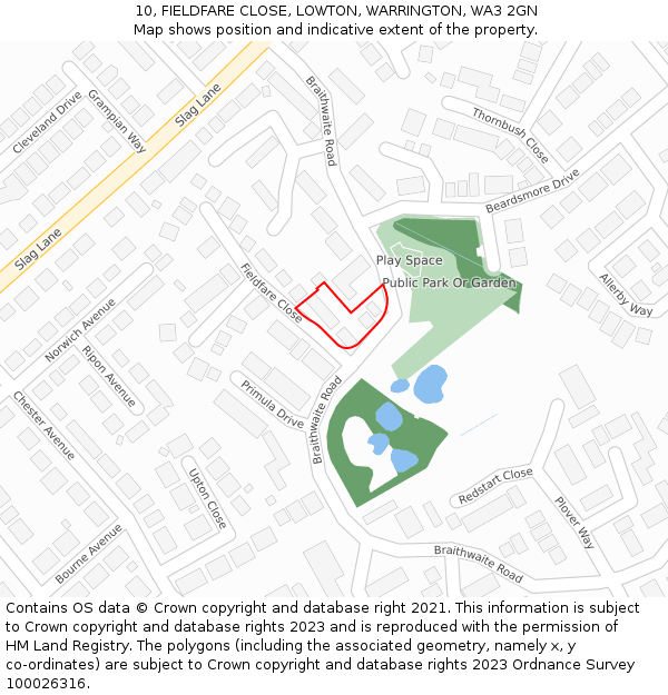 10, FIELDFARE CLOSE, LOWTON, WARRINGTON, WA3 2GN: Location map and indicative extent of plot