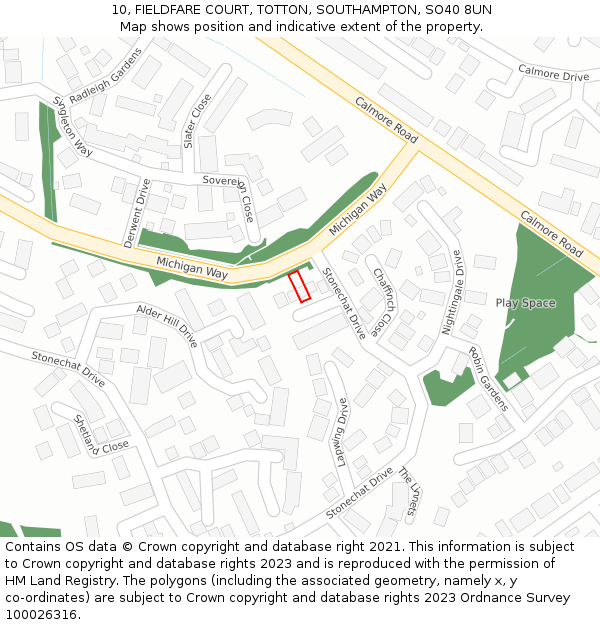 10, FIELDFARE COURT, TOTTON, SOUTHAMPTON, SO40 8UN: Location map and indicative extent of plot