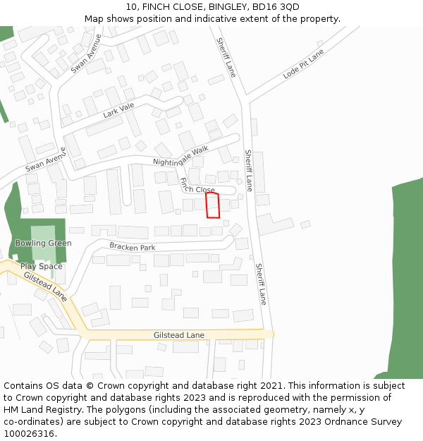 10, FINCH CLOSE, BINGLEY, BD16 3QD: Location map and indicative extent of plot