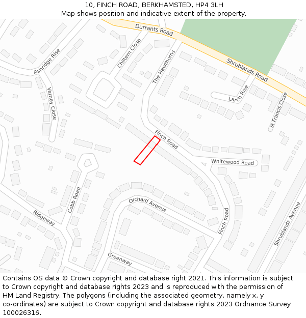 10, FINCH ROAD, BERKHAMSTED, HP4 3LH: Location map and indicative extent of plot