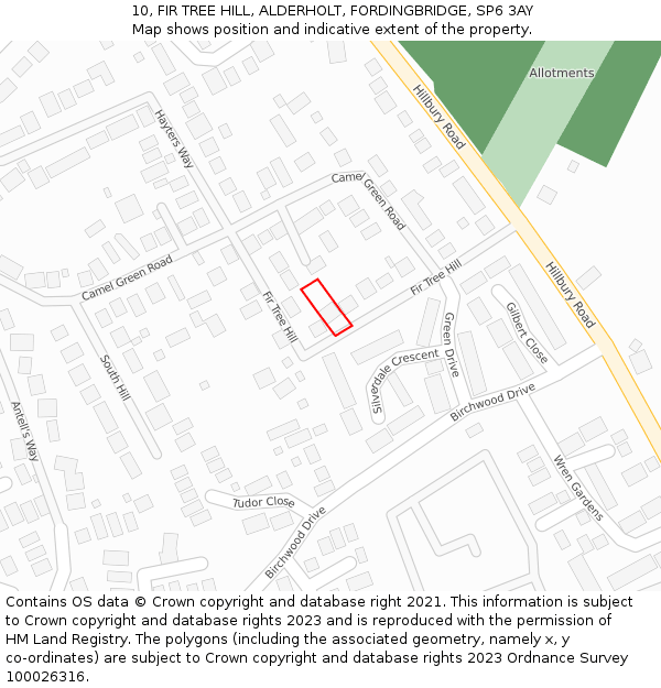 10, FIR TREE HILL, ALDERHOLT, FORDINGBRIDGE, SP6 3AY: Location map and indicative extent of plot