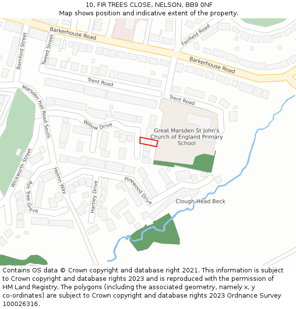 10, FIR TREES CLOSE, NELSON, BB9 0NF: Location map and indicative extent of plot
