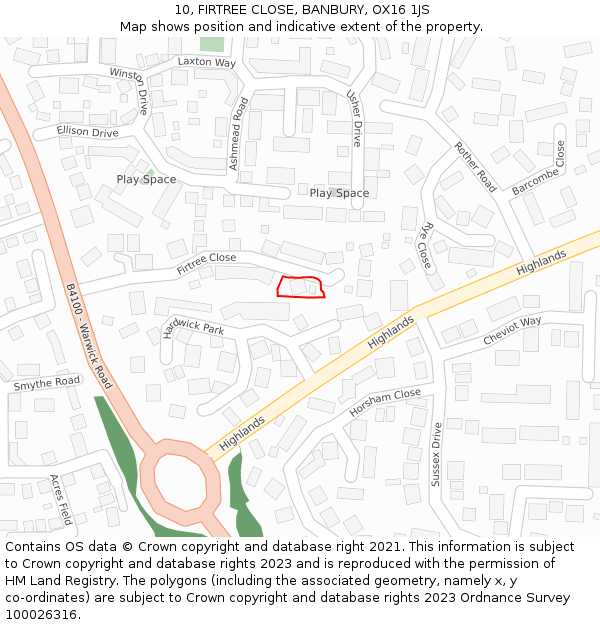 10, FIRTREE CLOSE, BANBURY, OX16 1JS: Location map and indicative extent of plot