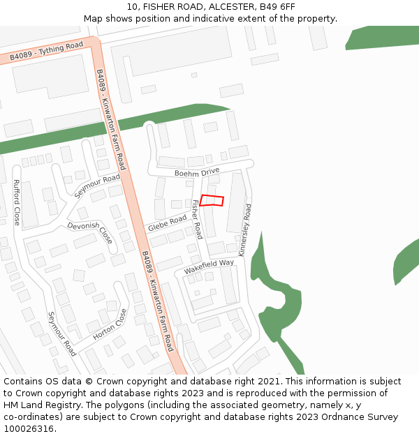 10, FISHER ROAD, ALCESTER, B49 6FF: Location map and indicative extent of plot