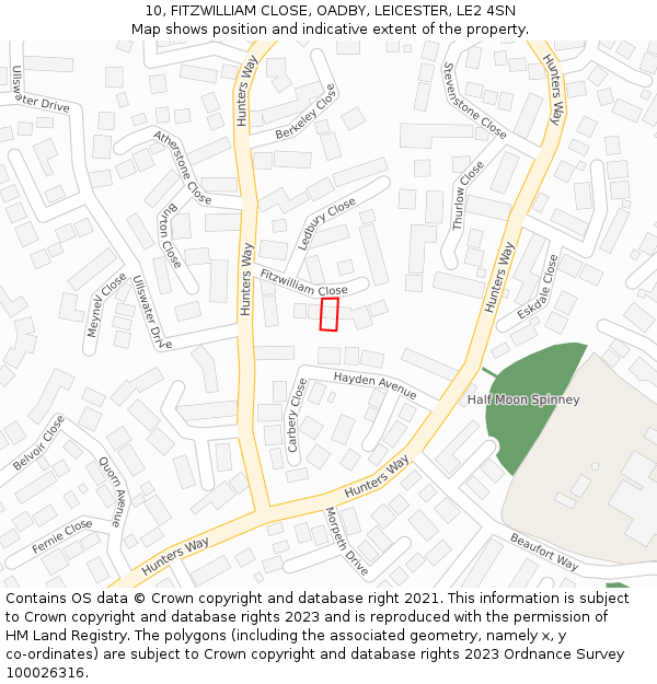 10, FITZWILLIAM CLOSE, OADBY, LEICESTER, LE2 4SN: Location map and indicative extent of plot
