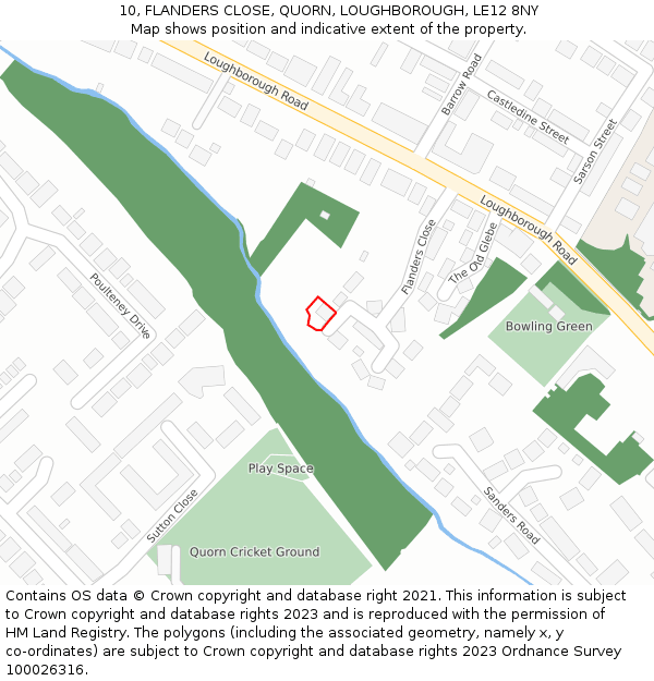 10, FLANDERS CLOSE, QUORN, LOUGHBOROUGH, LE12 8NY: Location map and indicative extent of plot