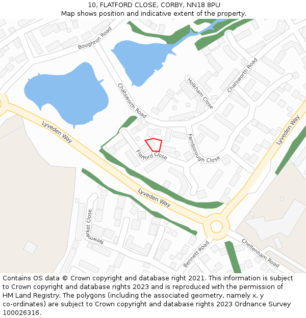 10, FLATFORD CLOSE, CORBY, NN18 8PU: Location map and indicative extent of plot