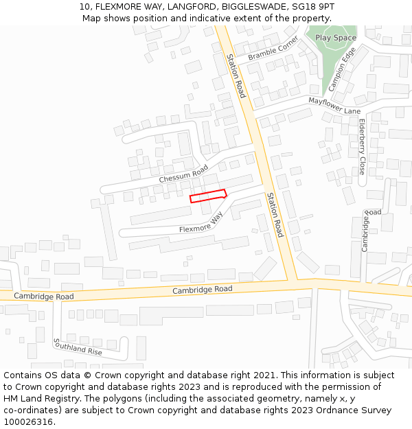 10, FLEXMORE WAY, LANGFORD, BIGGLESWADE, SG18 9PT: Location map and indicative extent of plot
