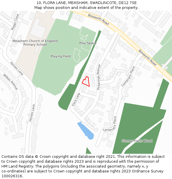 10, FLORA LANE, MEASHAM, SWADLINCOTE, DE12 7SE: Location map and indicative extent of plot