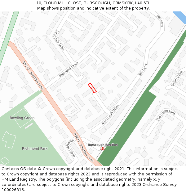 10, FLOUR MILL CLOSE, BURSCOUGH, ORMSKIRK, L40 5TL: Location map and indicative extent of plot