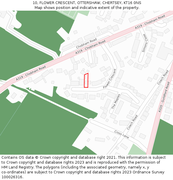 10, FLOWER CRESCENT, OTTERSHAW, CHERTSEY, KT16 0NS: Location map and indicative extent of plot