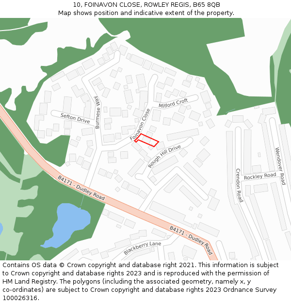 10, FOINAVON CLOSE, ROWLEY REGIS, B65 8QB: Location map and indicative extent of plot
