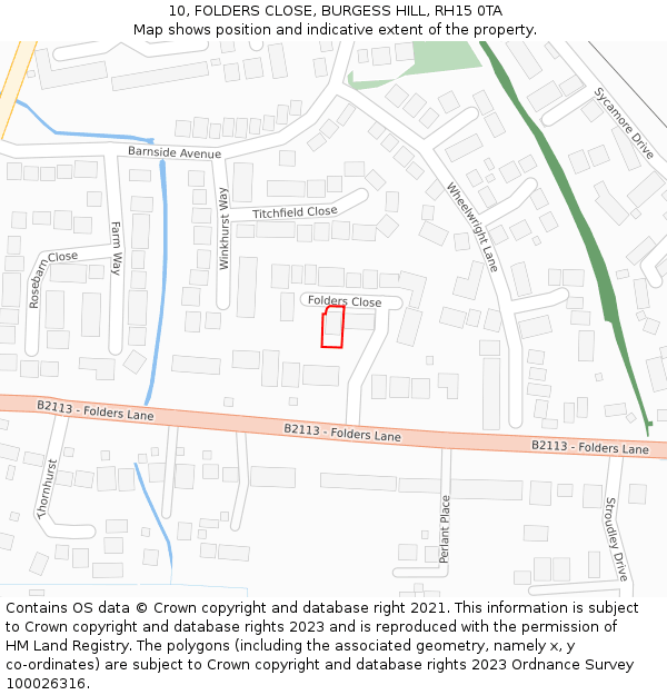 10, FOLDERS CLOSE, BURGESS HILL, RH15 0TA: Location map and indicative extent of plot