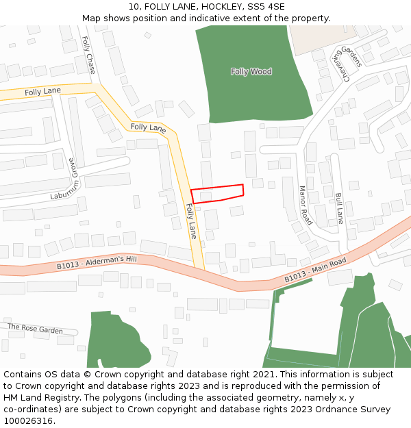 10, FOLLY LANE, HOCKLEY, SS5 4SE: Location map and indicative extent of plot