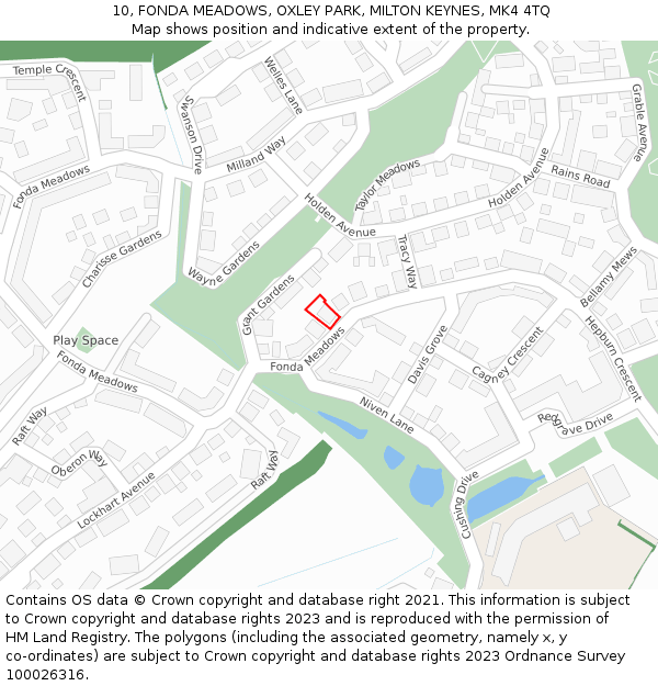 10, FONDA MEADOWS, OXLEY PARK, MILTON KEYNES, MK4 4TQ: Location map and indicative extent of plot