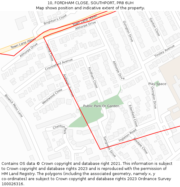 10, FORDHAM CLOSE, SOUTHPORT, PR8 6UH: Location map and indicative extent of plot