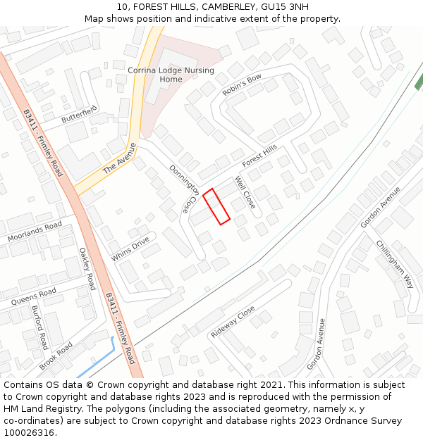 10, FOREST HILLS, CAMBERLEY, GU15 3NH: Location map and indicative extent of plot