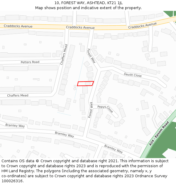 10, FOREST WAY, ASHTEAD, KT21 1JL: Location map and indicative extent of plot