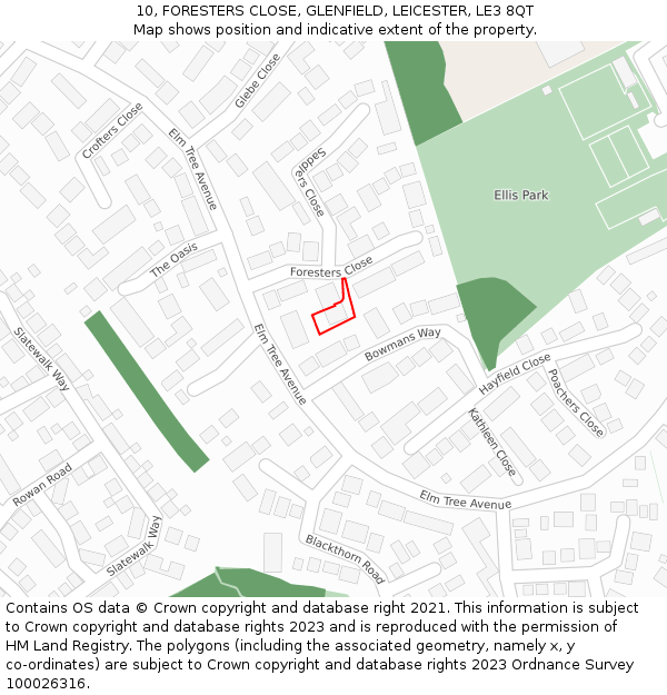 10, FORESTERS CLOSE, GLENFIELD, LEICESTER, LE3 8QT: Location map and indicative extent of plot