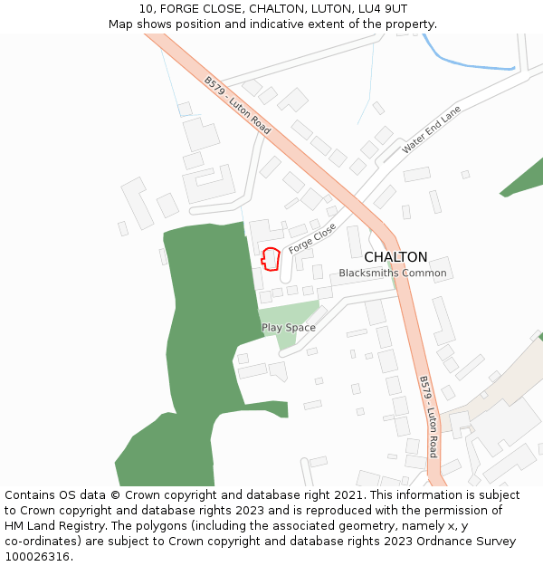 10, FORGE CLOSE, CHALTON, LUTON, LU4 9UT: Location map and indicative extent of plot