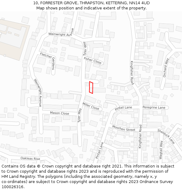 10, FORRESTER GROVE, THRAPSTON, KETTERING, NN14 4UD: Location map and indicative extent of plot