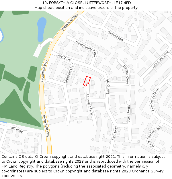 10, FORSYTHIA CLOSE, LUTTERWORTH, LE17 4FD: Location map and indicative extent of plot