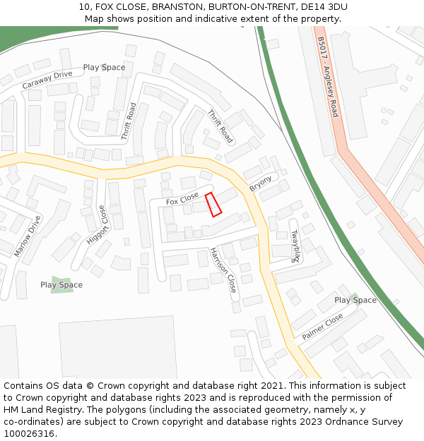 10, FOX CLOSE, BRANSTON, BURTON-ON-TRENT, DE14 3DU: Location map and indicative extent of plot